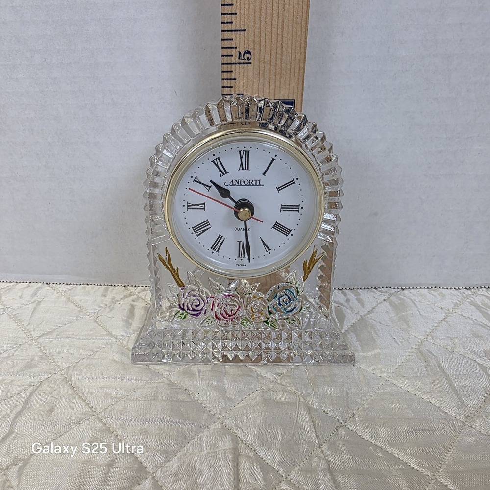 Vintage Anforti Crystal Quartz Desk Clock Painted Etched Roses Fairycore Cottage